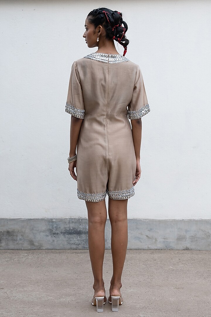 Taupe Pure Bengal Cotton Hand Embroidered Jumpsuit by Saksham and Neharicka at Pernia's Pop Up Shop