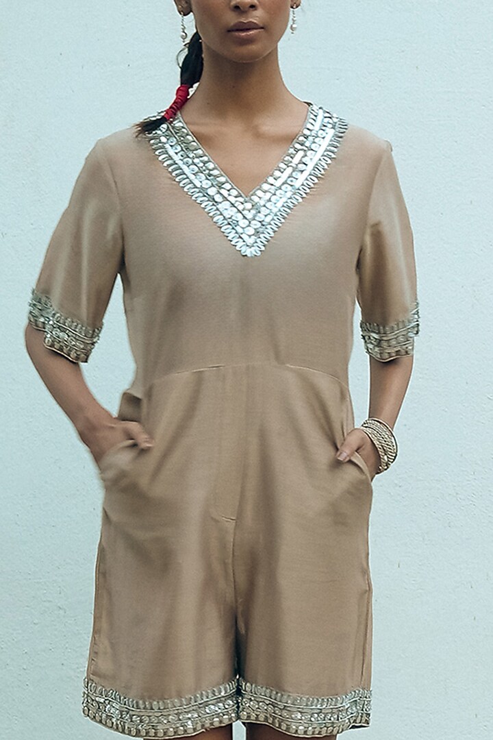 Taupe Pure Bengal Cotton Hand Embroidered Jumpsuit by Saksham and Neharicka at Pernia's Pop Up Shop