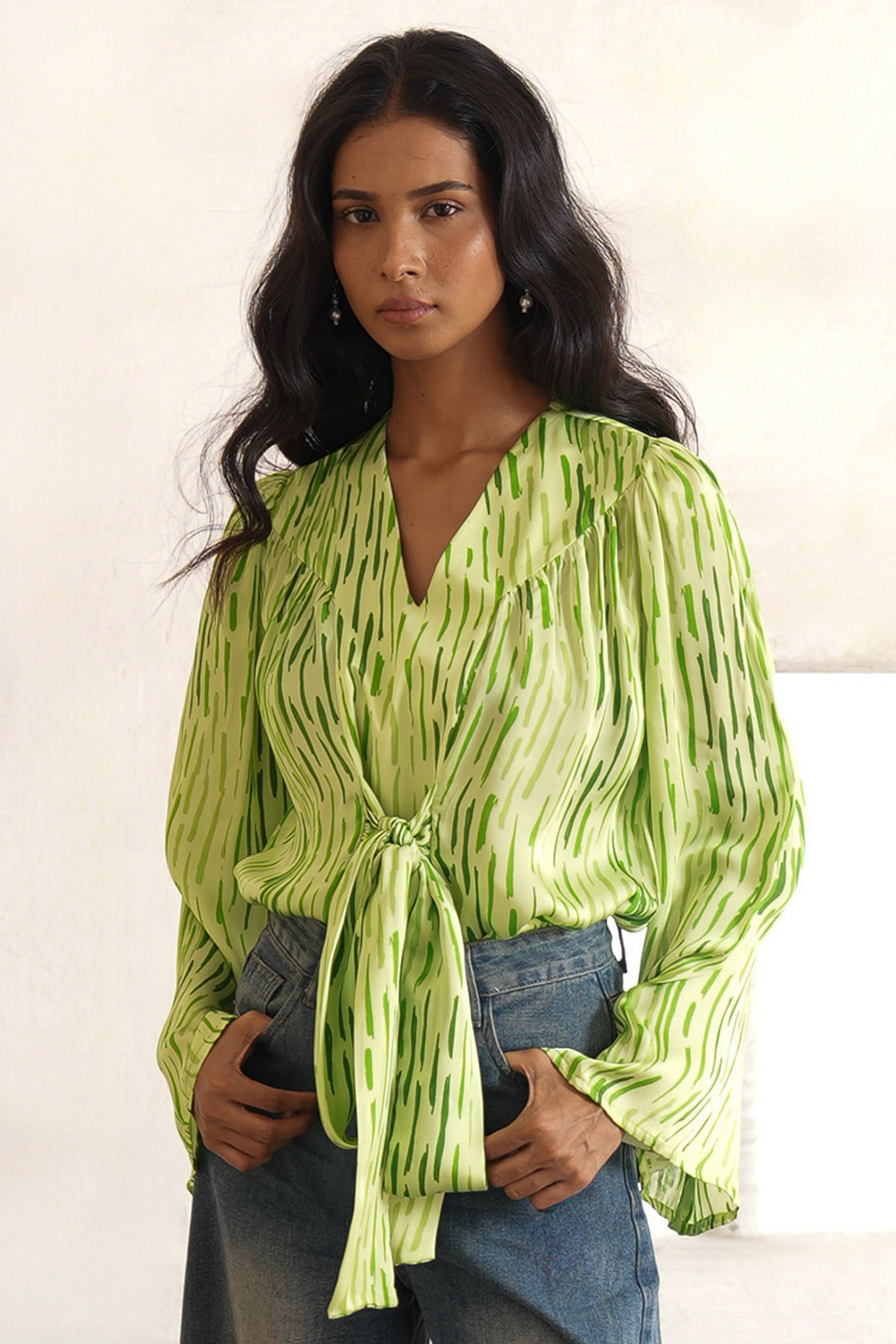 Lime Green Satin Digital Printed Top by Saksham and Neharicka at Pernia's Pop Up Shop