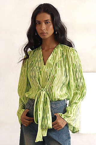 Lime Green Satin Digital Printed Top by Saksham and Neharicka