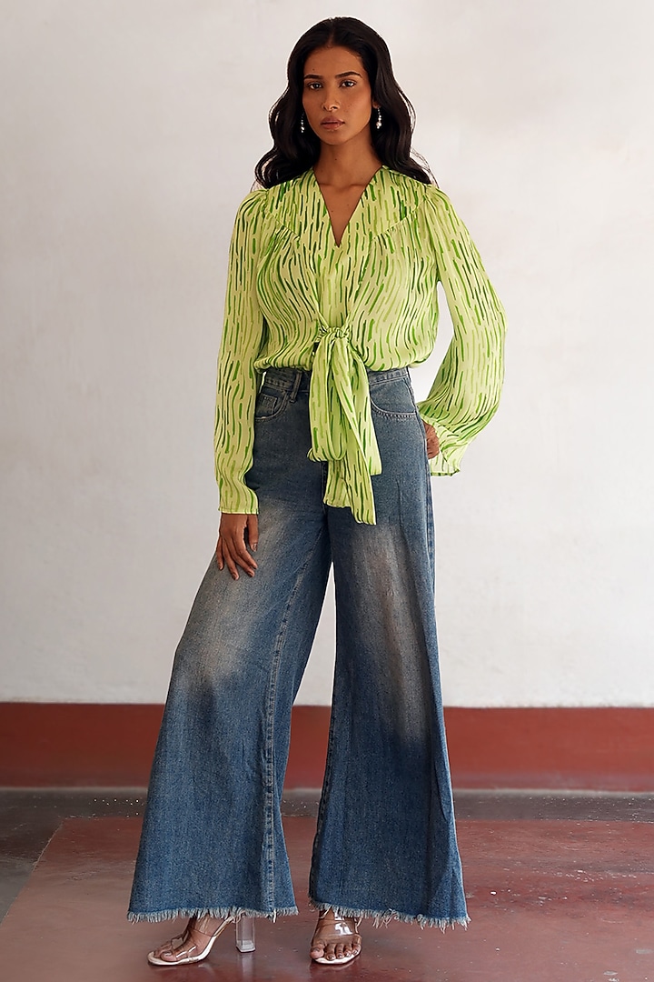 Lime Green Satin Digital Printed Top by Saksham and Neharicka at Pernia's Pop Up Shop