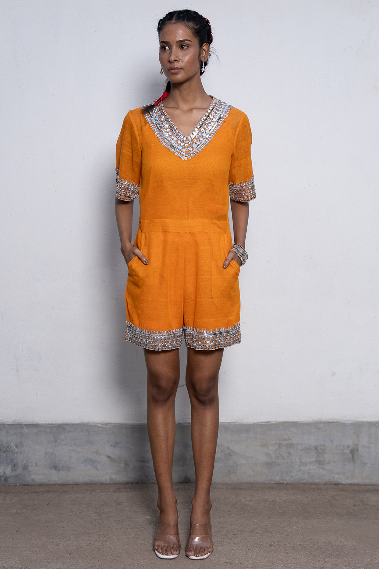 Orange Pure Bengal Cotton Hand Embroidered Jumpsuit by Saksham and Neharicka at Pernia's Pop Up Shop