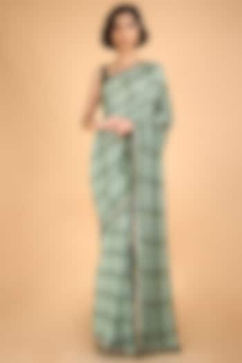 Green Printed & Hand Embroidered Handcrafted Breezy Saree Set by Saksham and Neharicka
