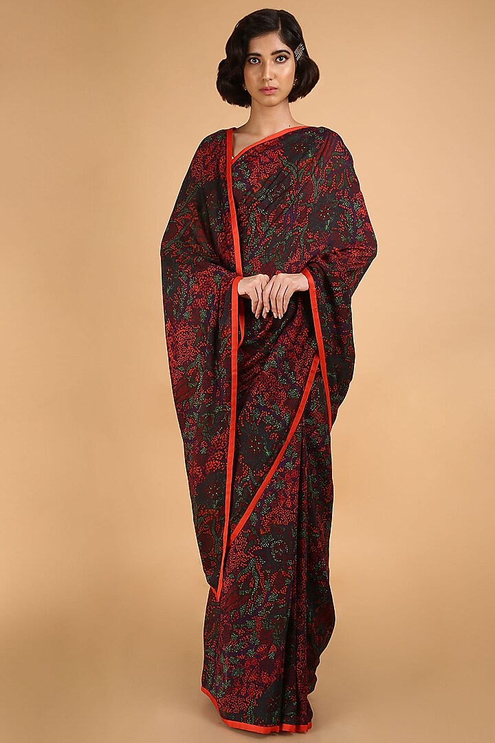 Red & Black Hand Embroidered Handcrafted Saree Set by Saksham and Neharicka