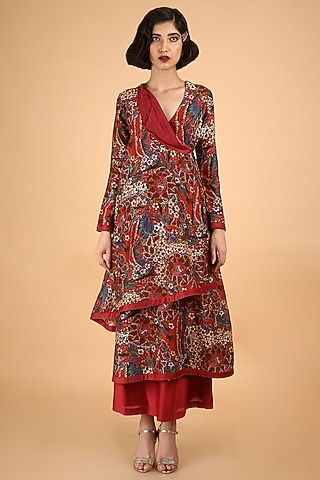 Red Printed Handcrafted Angrakha Kurta Set by Saksham and Neharicka