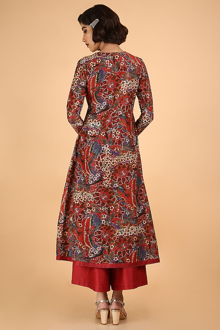 Red Printed Handcrafted Angrakha Kurta Set by Saksham and Neharicka at Pernia's Pop Up Shop