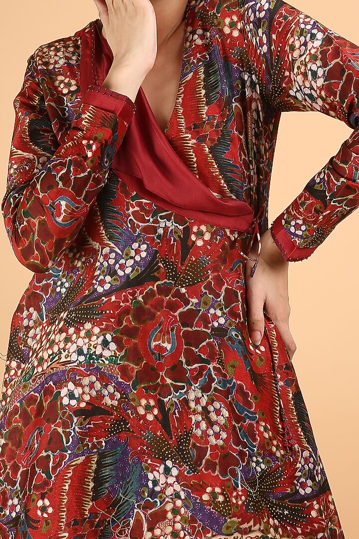 Red Printed Handcrafted Angrakha Kurta Set by Saksham and Neharicka at Pernia's Pop Up Shop