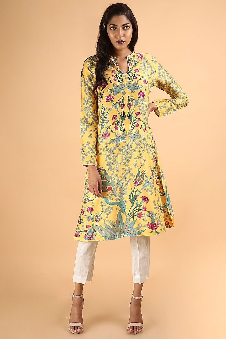 Yellow Printed Handcrafted A-Line Kurta by Saksham and Neharicka