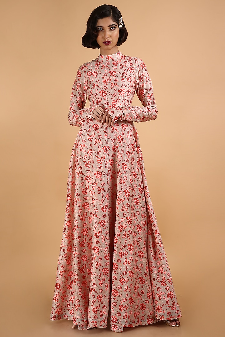 Beige & Coral Printed Maxi Dress by Saksham and Neharicka