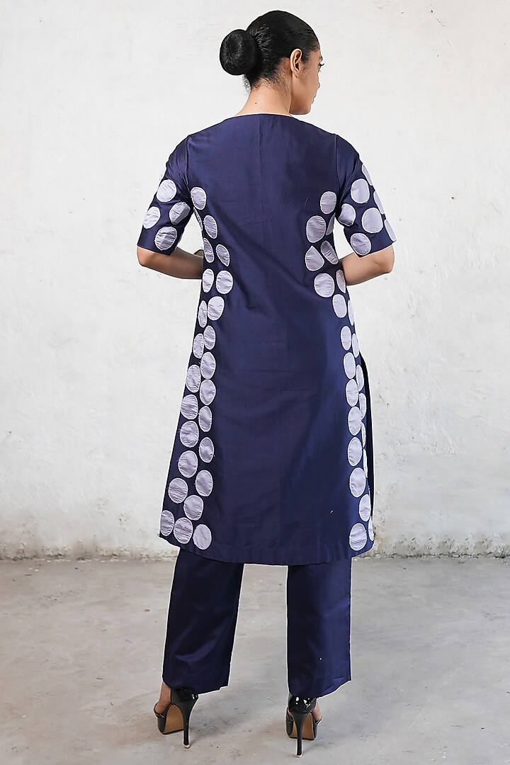 Navy Blue Banarasi Cotton Silk Applique Embroidered Kurta Set by Saksham and Neharicka at Pernia's Pop Up Shop