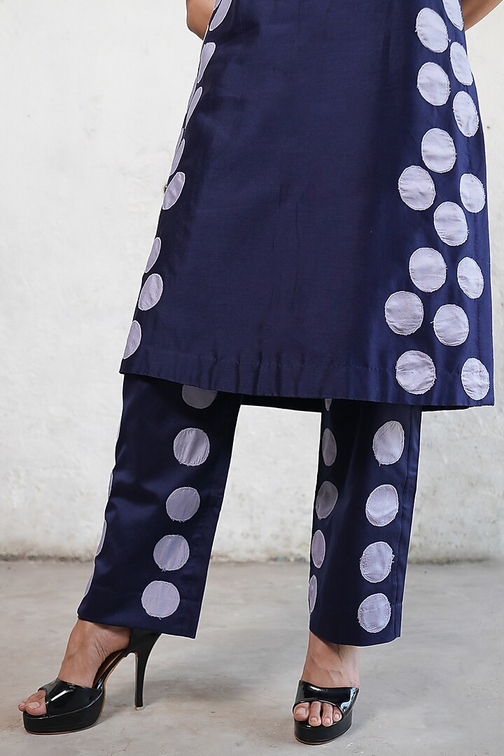 Navy Blue Banarasi Cotton Silk Applique Embroidered Kurta Set by Saksham and Neharicka at Pernia's Pop Up Shop
