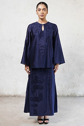 Navy Blue Banarasi Cotton Silk Applique Embroidered Kurta Set by Saksham and Neharicka