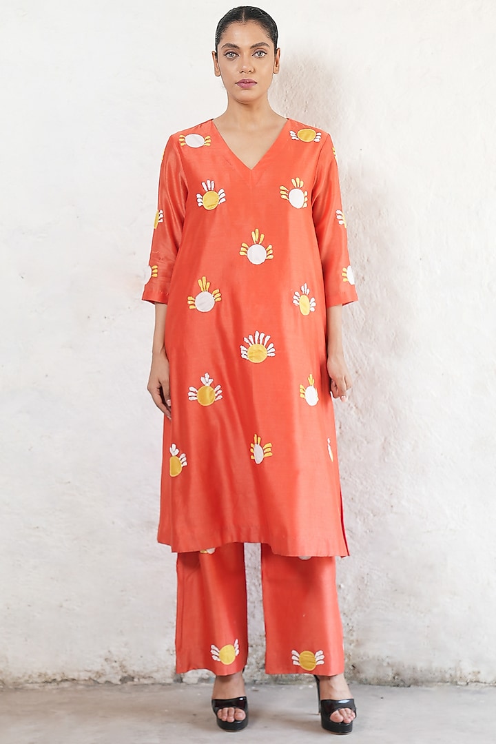 Rust Banarasi Cotton Silk Aari Embroidered Kurta Set by Saksham and Neharicka at Pernia's Pop Up Shop