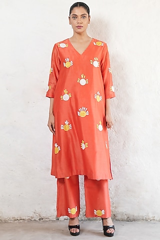 Rust Banarasi Cotton Silk Aari Embroidered Kurta Set by Saksham and Neharicka