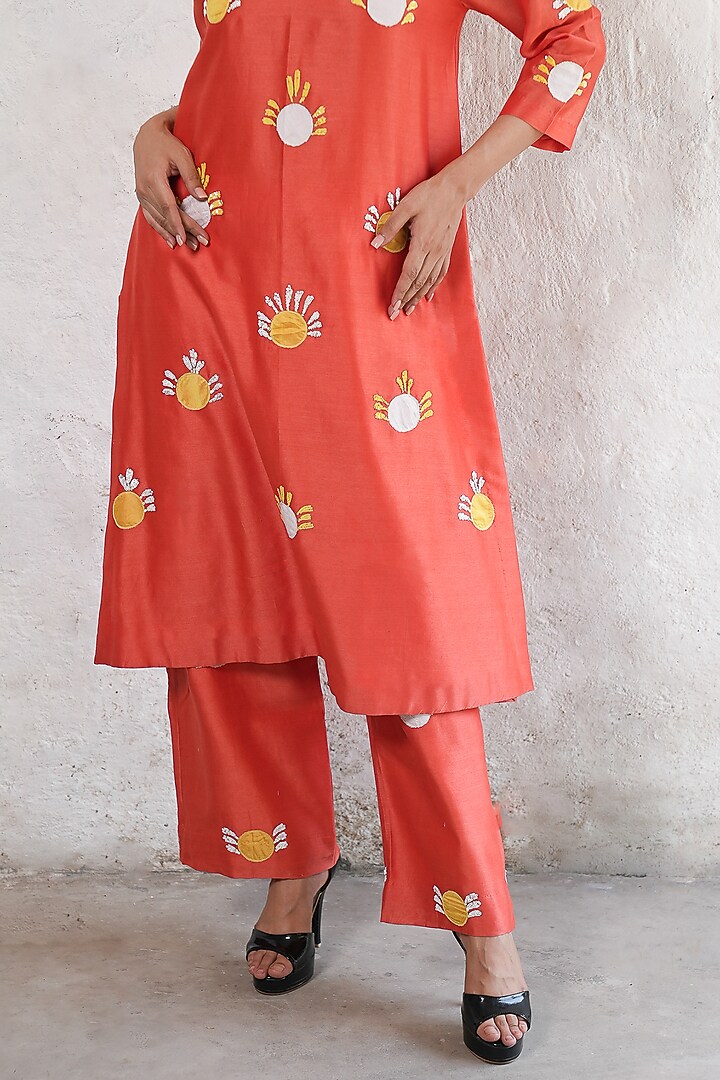 Rust Banarasi Cotton Silk Aari Embroidered Kurta Set by Saksham and Neharicka at Pernia's Pop Up Shop