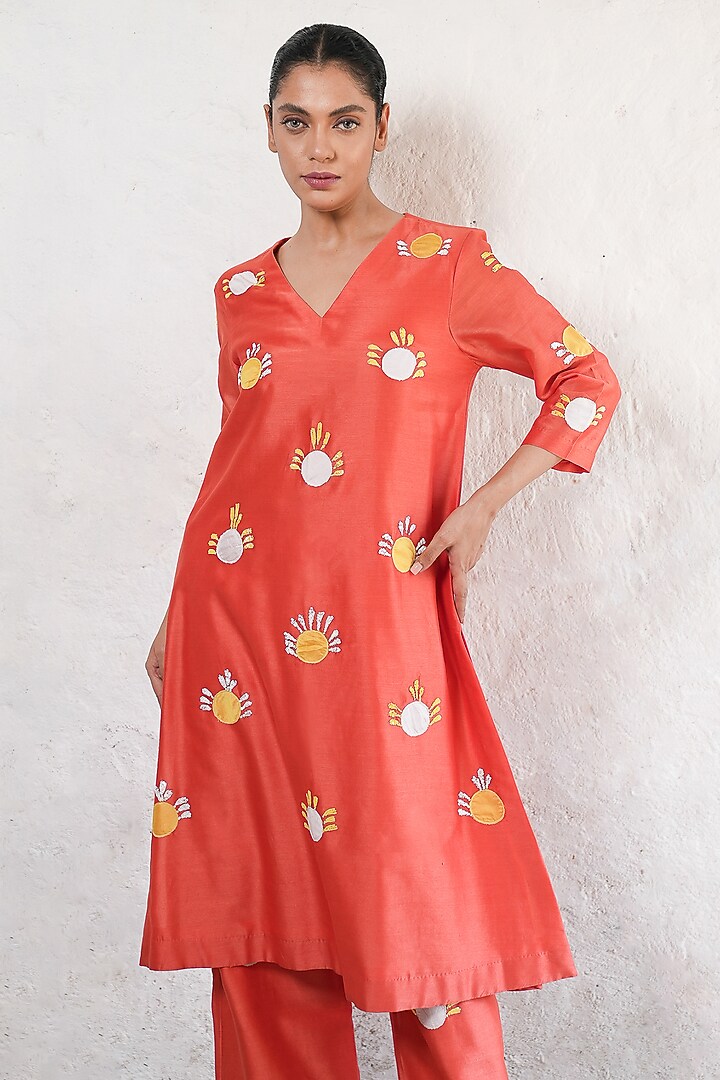 Rust Banarasi Cotton Silk Aari Embroidered Kurta Set by Saksham and Neharicka at Pernia's Pop Up Shop