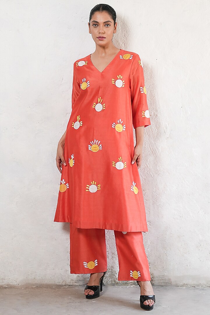 Rust Banarasi Cotton Silk Aari Embroidered Kurta Set by Saksham and Neharicka at Pernia's Pop Up Shop