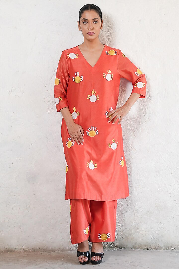 Rust Banarasi Cotton Silk Aari Embroidered Kurta Set by Saksham and Neharicka at Pernia's Pop Up Shop