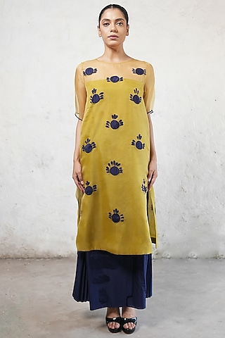 Ochre Yellow Banarasi Silk Organza Applique Embroidered Kurta Set by Saksham and Neharicka