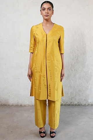 Ochre Yellow Banarasi Cotton Silk Applique Embroidered Kurta Set by Saksham and Neharicka