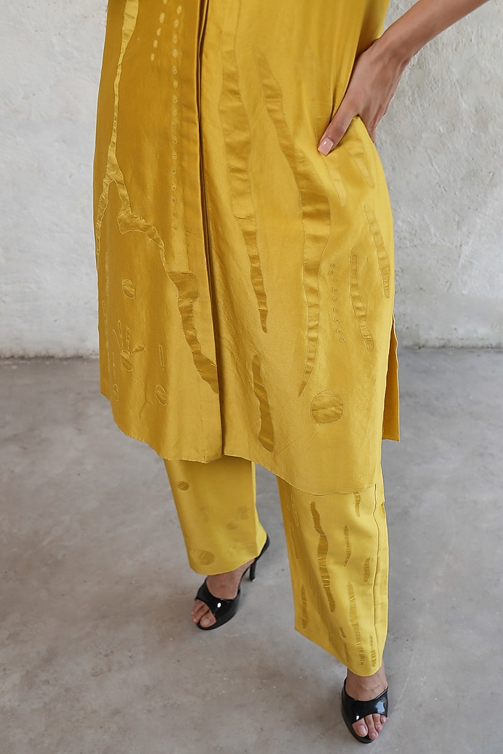 Ochre Yellow Banarasi Cotton Silk Applique Embroidered Kurta Set by Saksham and Neharicka at Pernia's Pop Up Shop