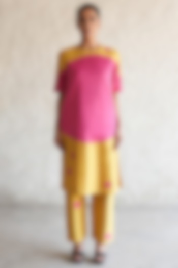 Ochre Yellow & Fuchsia Pink Banarasi Cotton Silk Applique Embroidered Kurta Set by Saksham and Neharicka at Pernia's Pop Up Shop