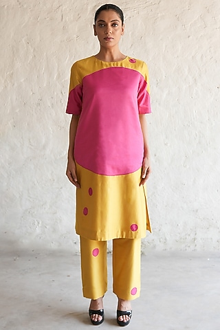 Ochre Yellow & Fuchsia Pink Banarasi Cotton Silk Applique Embroidered Kurta Set by Saksham and Neharicka