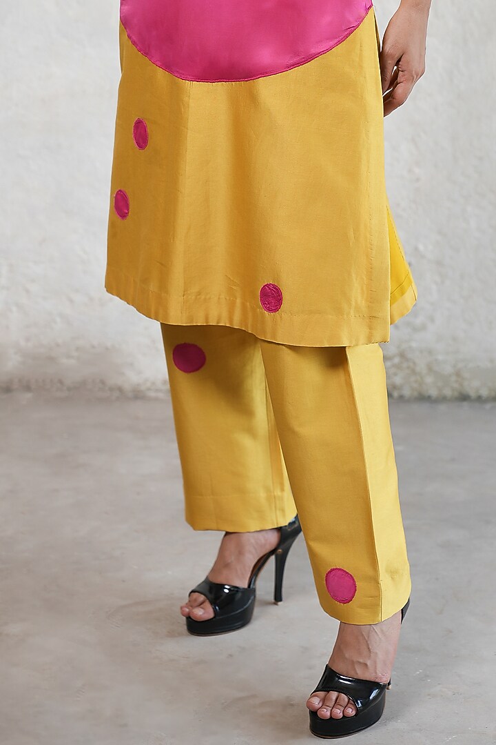 Ochre Yellow & Fuchsia Pink Banarasi Cotton Silk Applique Embroidered Kurta Set by Saksham and Neharicka at Pernia's Pop Up Shop