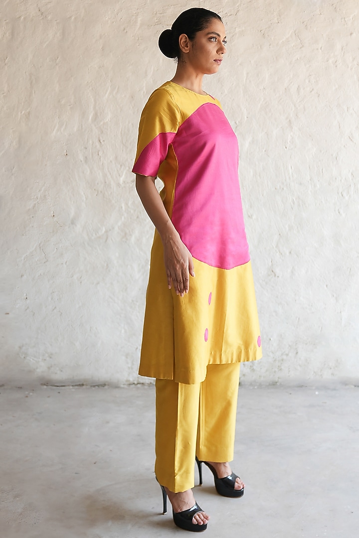 Ochre Yellow & Fuchsia Pink Banarasi Cotton Silk Applique Embroidered Kurta Set by Saksham and Neharicka at Pernia's Pop Up Shop