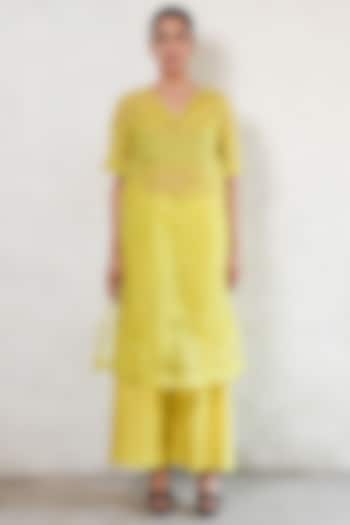 Lime Yellow Banarasi Silk Organza A-Line Kurta Set by Saksham and Neharicka at Pernia's Pop Up Shop