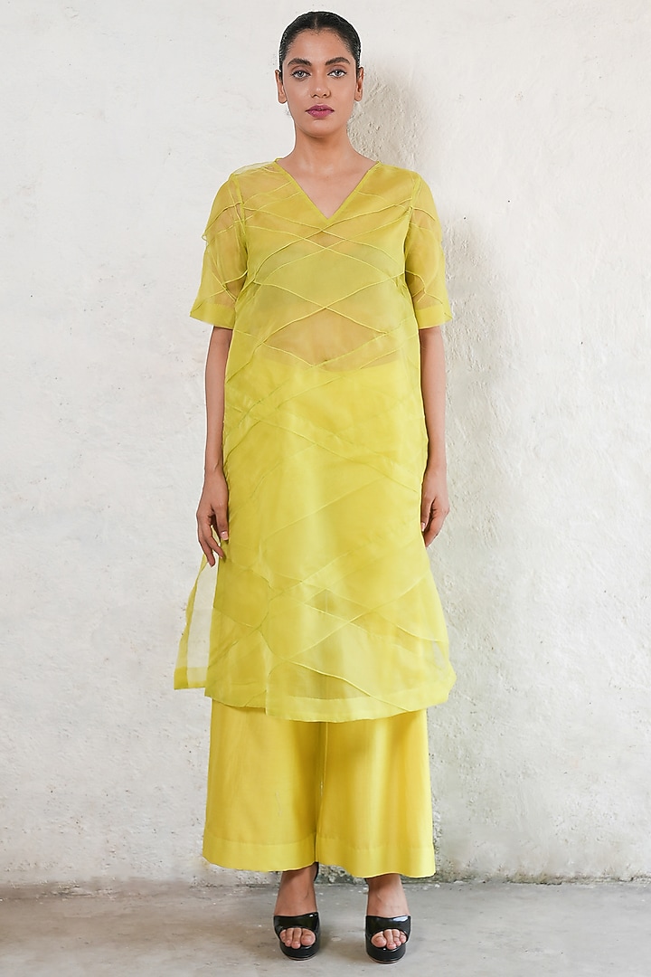 Lime Yellow Banarasi Silk Organza A-Line Kurta Set by Saksham and Neharicka at Pernia's Pop Up Shop