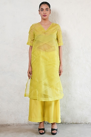 Lime Yellow Banarasi Silk Organza A-Line Kurta Set by Saksham and Neharicka