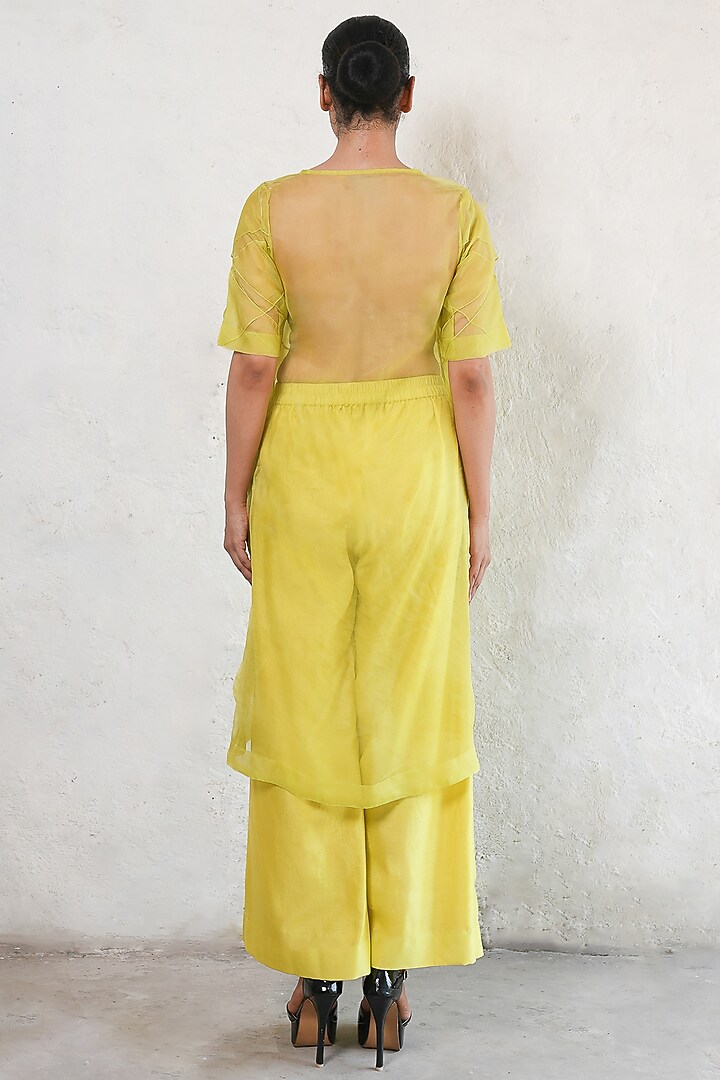 Lime Yellow Banarasi Silk Organza A-Line Kurta Set by Saksham and Neharicka at Pernia's Pop Up Shop