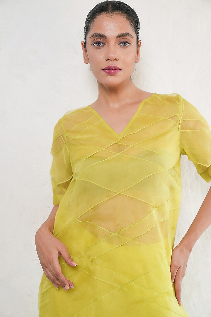 Lime Yellow Banarasi Silk Organza A-Line Kurta Set by Saksham and Neharicka at Pernia's Pop Up Shop