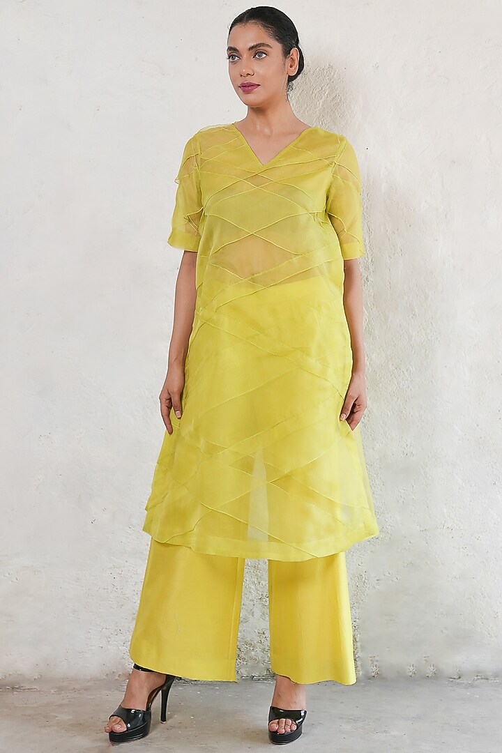 Lime Yellow Banarasi Silk Organza A-Line Kurta Set by Saksham and Neharicka at Pernia's Pop Up Shop