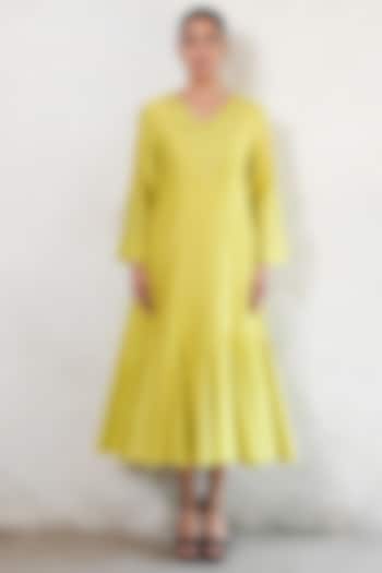 Lime Yellow Banarasi Cotton Silk Hand Embroidered Midi Vacation Dress by Saksham and Neharicka at Pernia's Pop Up Shop