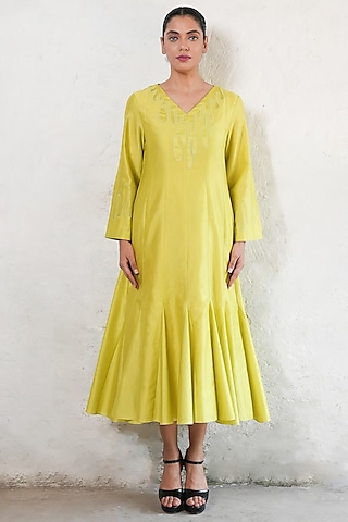 Lime Yellow Banarasi Cotton Silk Hand Embroidered Midi Dress by Saksham and Neharicka
