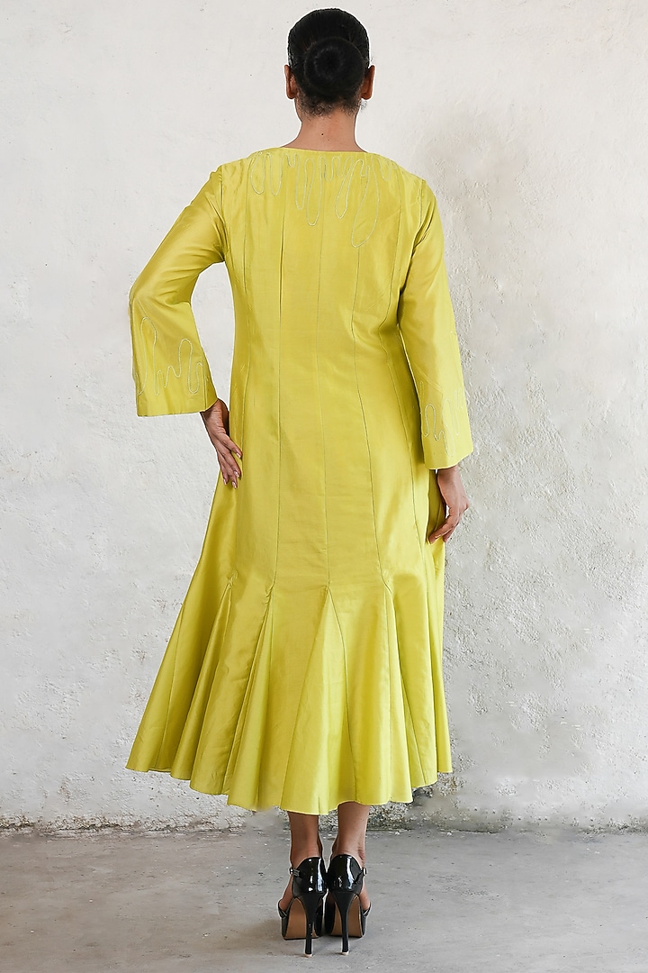 Lime Yellow Banarasi Cotton Silk Hand Embroidered Midi Vacation Dress by Saksham and Neharicka at Pernia's Pop Up Shop