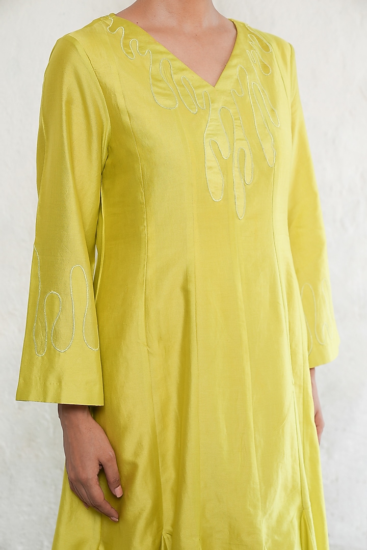 Lime Yellow Banarasi Cotton Silk Hand Embroidered Midi Vacation Dress by Saksham and Neharicka at Pernia's Pop Up Shop