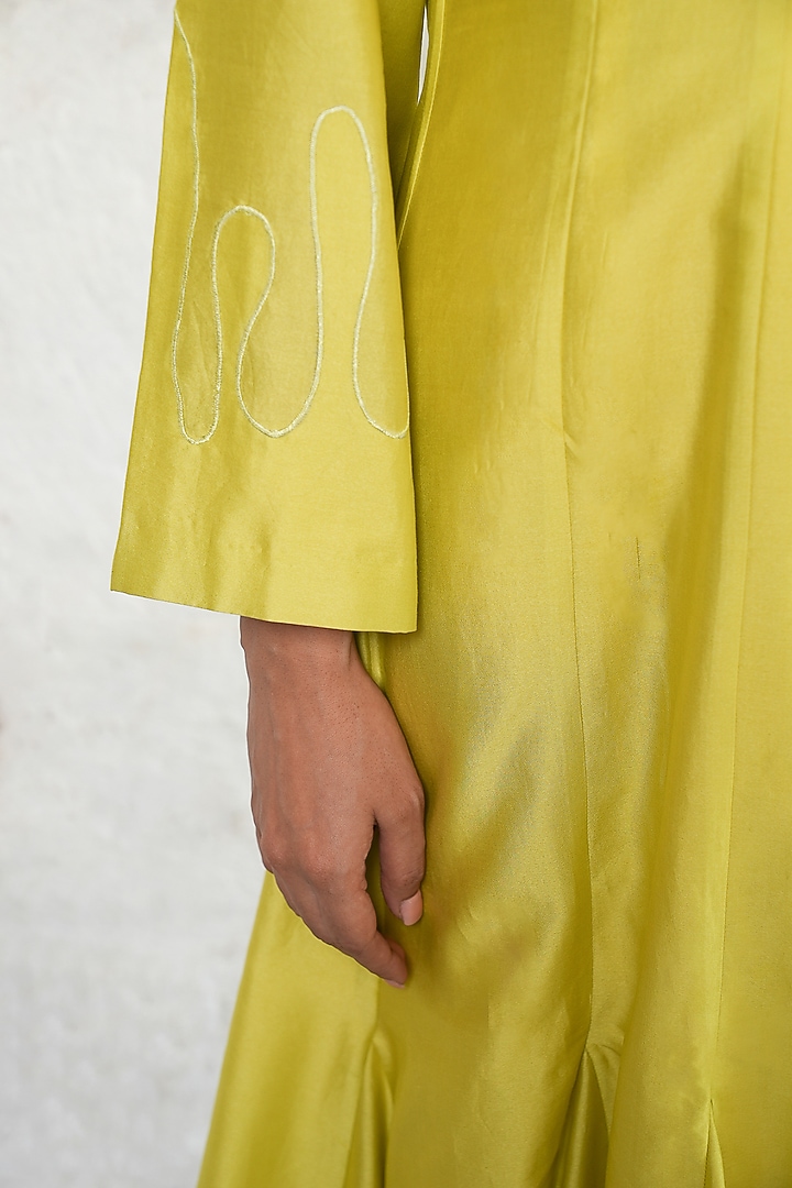 Lime Yellow Banarasi Cotton Silk Hand Embroidered Midi Vacation Dress by Saksham and Neharicka at Pernia's Pop Up Shop