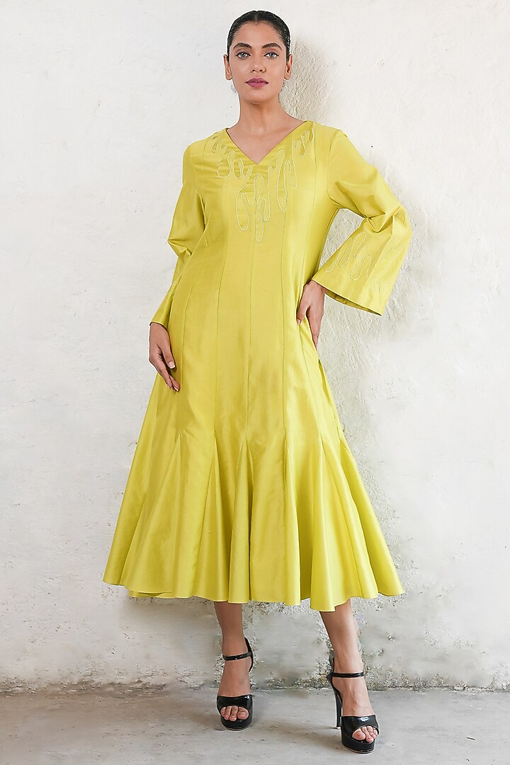 Lime Yellow Banarasi Cotton Silk Hand Embroidered Midi Vacation Dress by Saksham and Neharicka at Pernia's Pop Up Shop