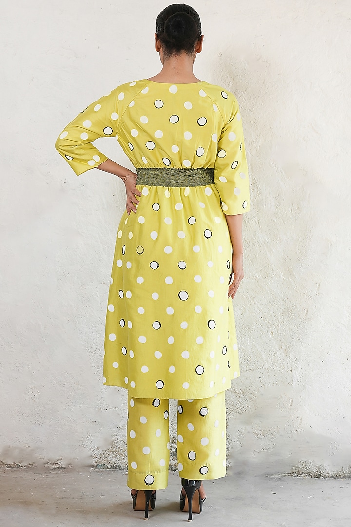 Lime Yellow Banarasi Cotton Silk Applique Embroidered Kurta Set by Saksham and Neharicka at Pernia's Pop Up Shop