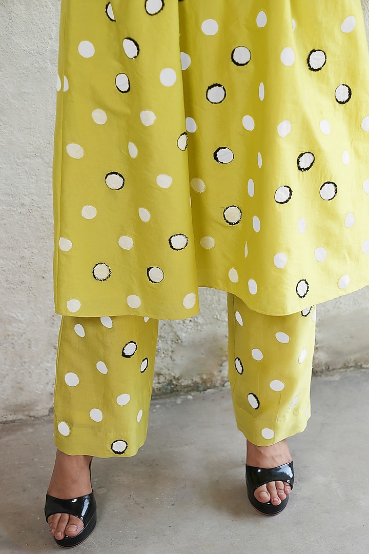 Lime Yellow Banarasi Cotton Silk Applique Embroidered Kurta Set by Saksham and Neharicka at Pernia's Pop Up Shop
