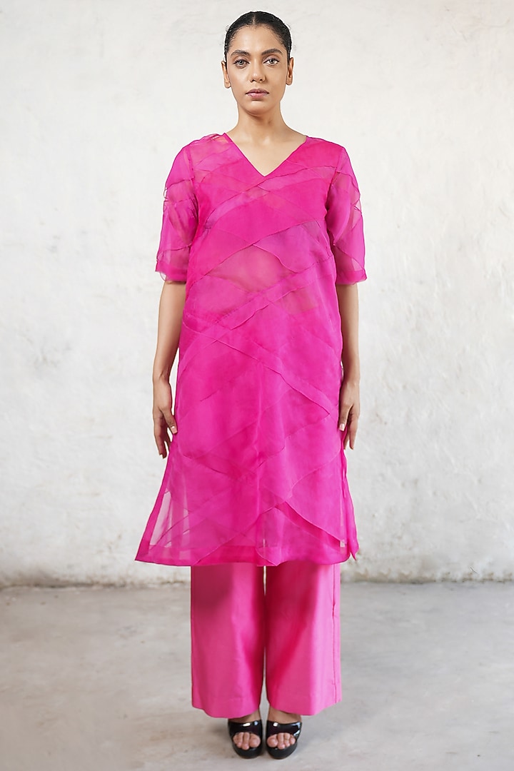 Fuchsia Pink Banarasi Silk Organza A-Line Kurta Set by Saksham and Neharicka at Pernia's Pop Up Shop