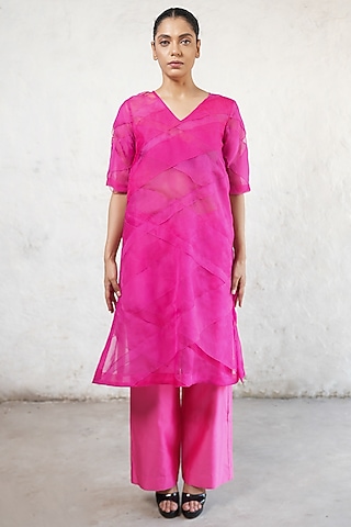 Fuchsia Pink Banarasi Silk Organza A-Line Kurta Set by Saksham and Neharicka