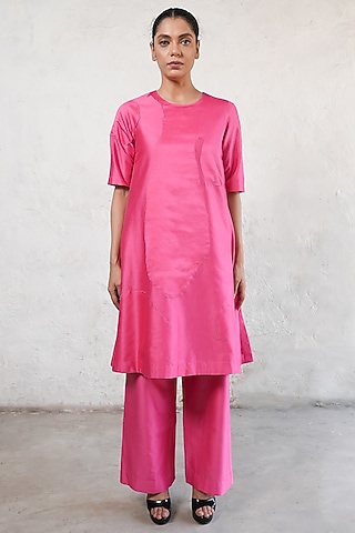 Fuchsia Pink Banarasi Cotton Silk Applique Embroidered Kurta Set by Saksham and Neharicka
