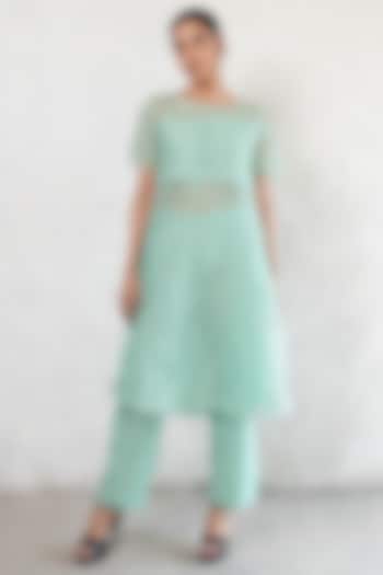 Mint Banarasi Silk Organza Hand Embroidered A-Line Kurta Set by Saksham and Neharicka at Pernia's Pop Up Shop
