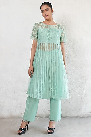 Mint Banarasi Silk Organza Hand Embroidered A-Line Kurta Set by Saksham and Neharicka