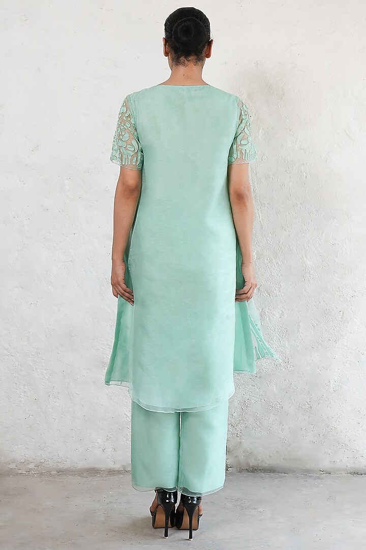 Mint Banarasi Silk Organza Hand Embroidered A-Line Kurta Set by Saksham and Neharicka at Pernia's Pop Up Shop