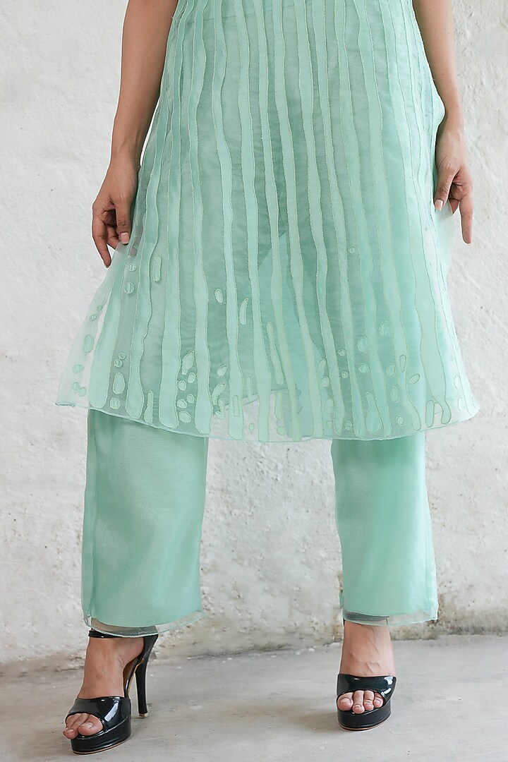 Mint Banarasi Silk Organza Hand Embroidered A-Line Kurta Set by Saksham and Neharicka at Pernia's Pop Up Shop